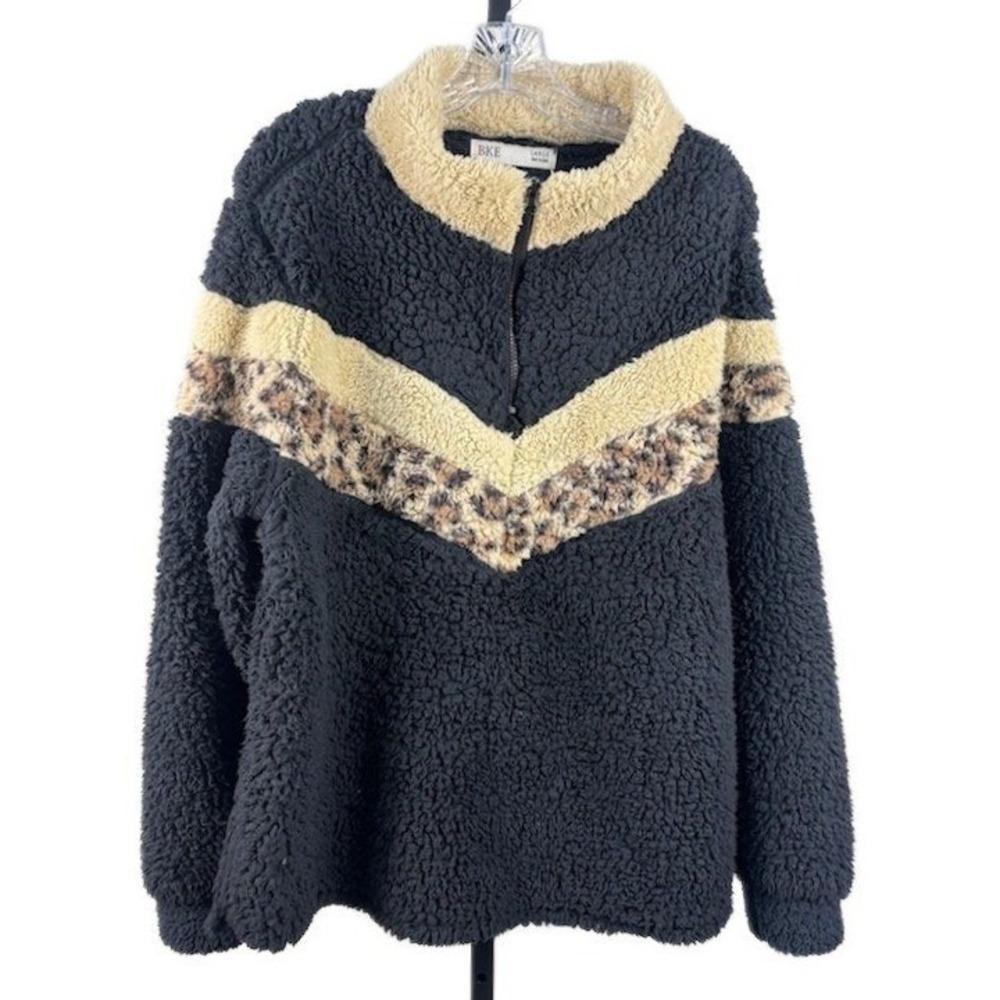 BKE Sherpa Fleece Women's Size Large Leopard Chevron Sherpa 1/4‎ Zip Pullover